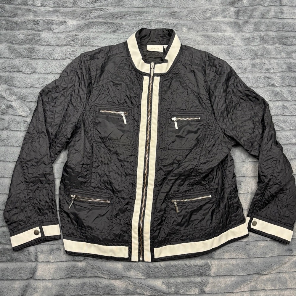 Chicos Quilted Moto Jacket Black White Trim Zip Front Pockets Size 3 XL